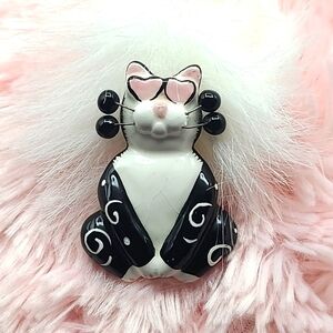 Whimsiclay Amy Lacombe Black & White Tuxedo Cat with Pink Heart Eyes Pin 2001
